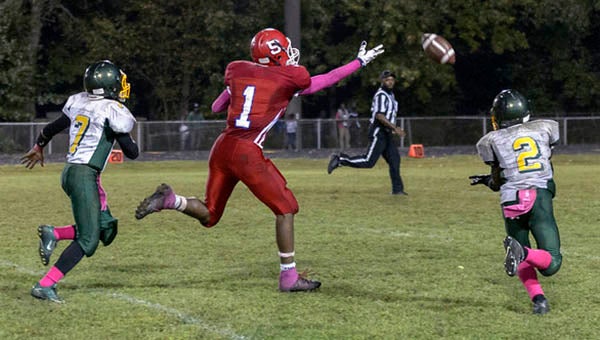A pass intended for Southampton wide receiver Rakuan Briggs flies just beyond his reach in the fourth quarter of Friday night’s game against Greensville. Down 20 points at halftime, the Indians nearly mounted a comeback in the second stanza. -- Murray Thompson | Tidewater News