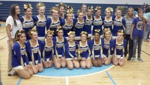The Windsor High School Cheerleading team demonstrates its skills at the competition on Wednesday evening at Georgia D. Tyler Middle School. -- Shana Council | The Tidewater News