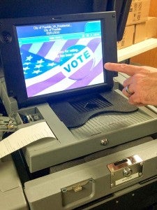 Franklin voters will see a display that their vote has been counted on the new ballot boxes, which were received on Friday. -- Stephen H. Cowles | Tidewater News