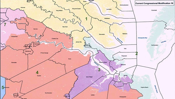 This map displays the proposed new Congressional Districts for the Hampton Roads area. As shown, the City of Franklin and Isle of Wight County would now fall under Congressman Bobby Scott’s 3rd District (purple), while Southampton County would remain in Congressman J. Randy Forbes’ 4th District (red). -- COURTESY