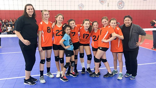 The Blackwater Volleyball Club 12U team came in second place at their tournament on Saturday, Jan. 31. Pictured are Shea Lindsey, Autumn Heeren, Sydney Cooper, Emma Belmonte, Kinna Magette, Madi Brown, Natasha Melbye Whitley Brittle and coaches Crystal Butler and Nacasa Greene. -- Submitted