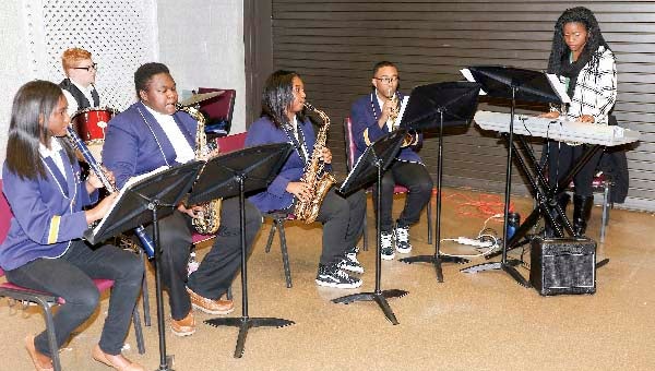 Members of the Franklin High School Jazz Band played at the Franklin Community Leadership Breakfast. Pictured from left to right: Nachelae Harper, James Grant lV, Destany Washington, Craighon Olds  and director Twynnette Anderson. -- Frank Davis | Tidewater News