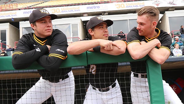 COURTESY | VCU ATHLETICS Virginia Commonwealth University’s Tanner Winters, left, stands in the dugout with teammates Alex Gransback and Haiden Lamb prior to a game earlier this season. Winters, a redshirt freshman, has pitched in four games this season, allowing only two earned runs in eight innings of relief. He is a 2014 graduate of Southampton High School.