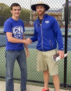 Southampton County’s Andy Mason, pictured with future head coach Eric Christiansen, has committed to play tennis collegiately at Christopher Newport University in Newport News. Mason is the 18th-ranked tennis recruit in the state of Virginia. -- SUBMITTED