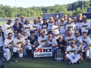 Winters and his teammates celebrate after winning the 2015 Atlantic 10 Conference championship. Though Winters was out with an ACL injury, the Rams beat Rhode Island, 5-3, in Arlington.