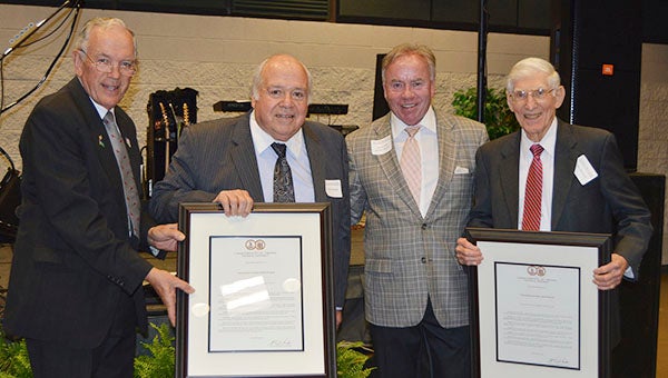 Local legislators who were committed to education were honored during the gala. From left, President of the PDCCC Foundation Board Herbert DeGroft, former state Sen. Frederick Quayle, Chancellor of the VCCS Dr. Glenn DuBois and former state Delegate Samuel Glasscock. -- Courtesy