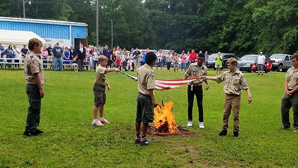 Boy Scout Troop 17 retires an American flag at VFW Post 4411, Sgt. Jayton D. Patterson. Pictured, from left to right, are Kendal Blythe, Thomas Robertson, Montrell Bailey, Matthew Kerbaugh and Harrison Ehrenzeller. More photos will be featured in the Sunday edition of The Tidewater News. -- SUBMITTED