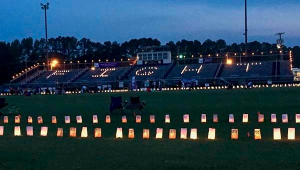A view of the Luminaria ceremony at nightfall, each lit candle symbolizing someone who lost or won his or her battle with cancer. Participants in the annual Relay For Life event in Franklin this past Saturday are urged to continue the battle against cancer. -- Submitted | Cindy Cotton