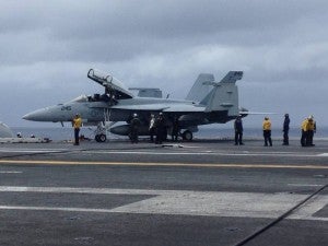 A Super Hornet readies for take off on top of the U.S.S. George Washington. -- Submitted | Amanda Jarratt