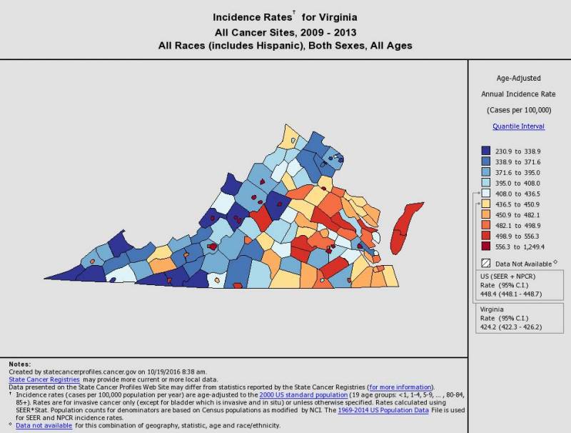 A chart from the National Cancer Institute shows the city of Franklin’s age-adjusted annual cancer incidence rates as approximately 556 cases per 100,000 people based on data gathered from 2009 - 2013. -- SUBMITTED