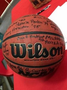 This basketball was autographed by former players at Isle of Wight Academy and presented on Saturday night to Benjamin Vaughan, coach and headmaster. He intends to retire at the end of the school year, and was honored for his service to the game and IWA. -- Submitted | James Lidington