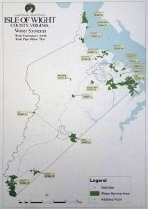 This map of Isle of Wight County, presented during the water-sewer task force meeting, shows the location of county-owned wells and water service areas throughout the county. -- Submitted